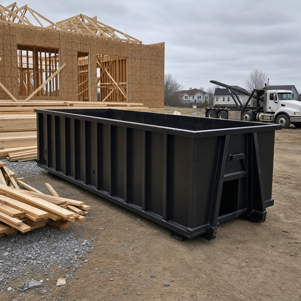 Matte-black 40-yard roll-off dumpster staged on a framed-out residential construction site in Goose Creek, framing lumber stacked nearby, hooklift delivery truck visible in the background under bright Colorado daylight