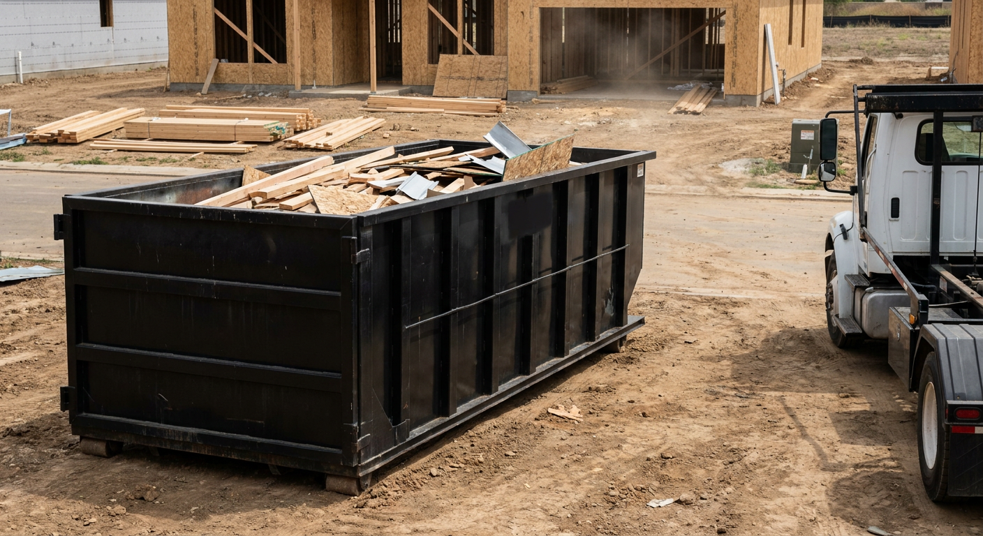 Matte-black 20-yard roll-off construction dumpster with heavy ribbed steel sidewalls and swing rear doors at a working jobsite in Goose Creek, sitting directly on compacted dirt with an unmarked white hauler partially visible at the far edge of the frame.