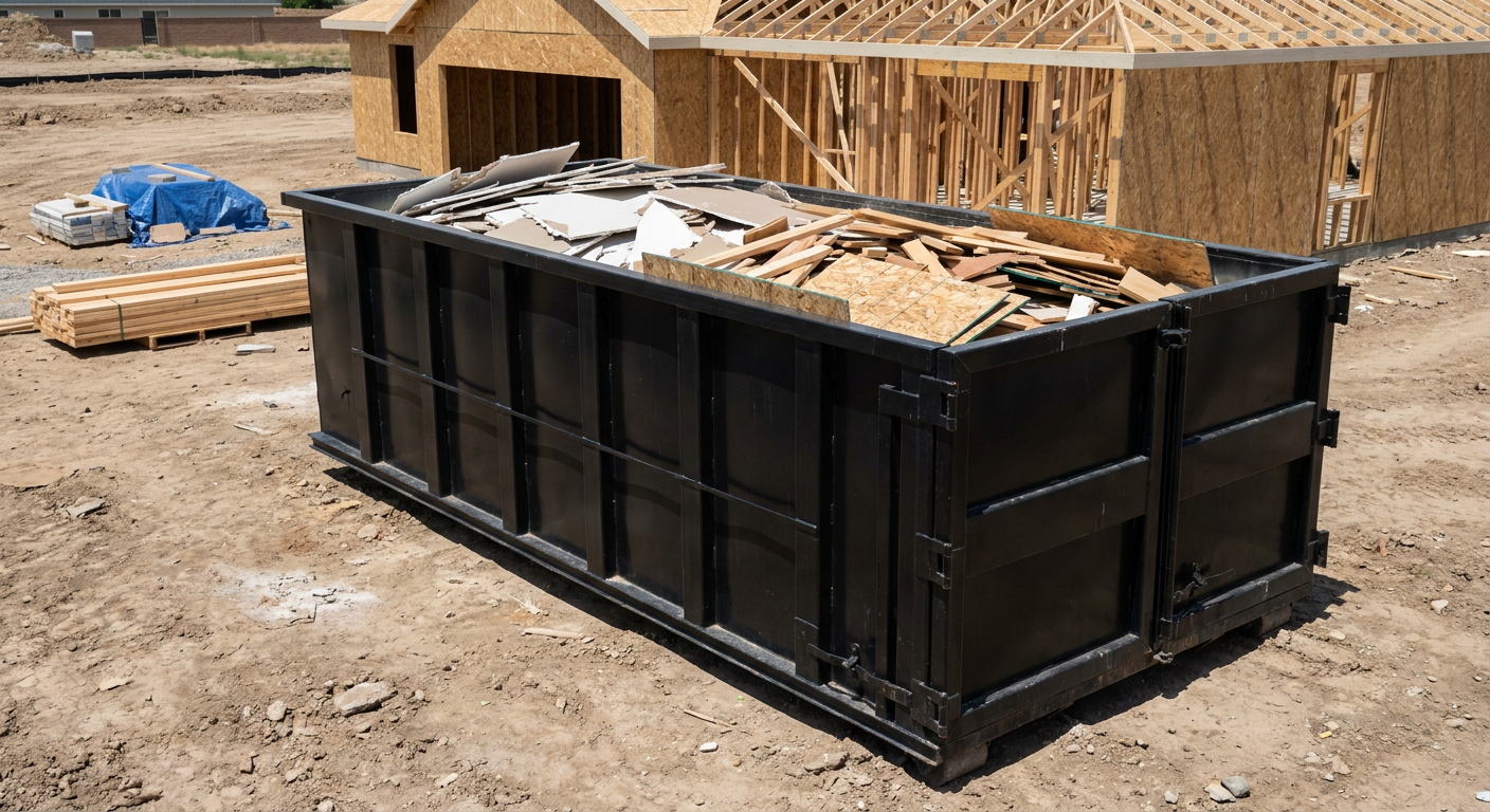 Matte-black 30-yard roll-off construction dumpster sitting directly on the compacted-dirt site of a framed single-family home build in Goose Creek, drywall and lumber scrap loaded inside.
