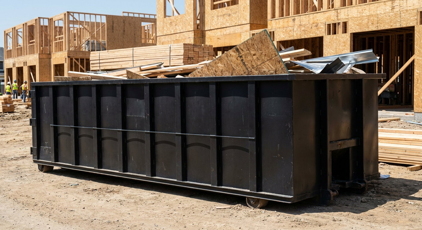 Matte-black 40-yard roll-off construction dumpster being lowered from a white-cab hooklift delivery truck onto the compacted-dirt jobsite at a commercial build site in Goose Creek