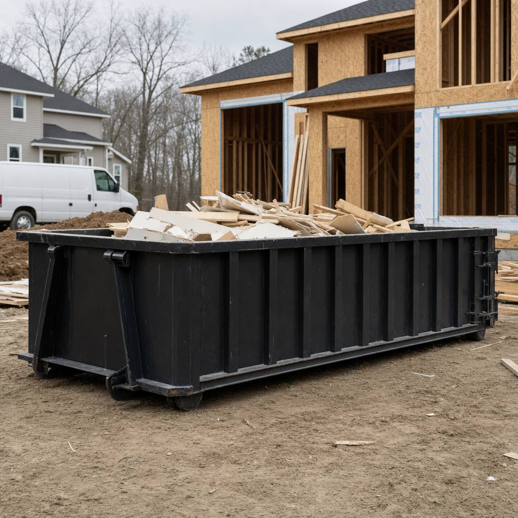 Worker in a yellow high-visibility vest tossing framing lumber and broken drywall into a matte-black 30-yard construction roll-off dumpster on an active build site in Goose Creek, bright daylight