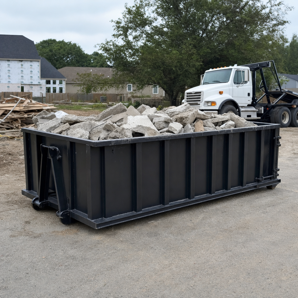 Low-profile matte-black lowboy roll-off dumpster loaded with broken concrete slab and rebar at a foundation tear-out in Goose Creek, skid steer parked beside it, sunny Colorado morning