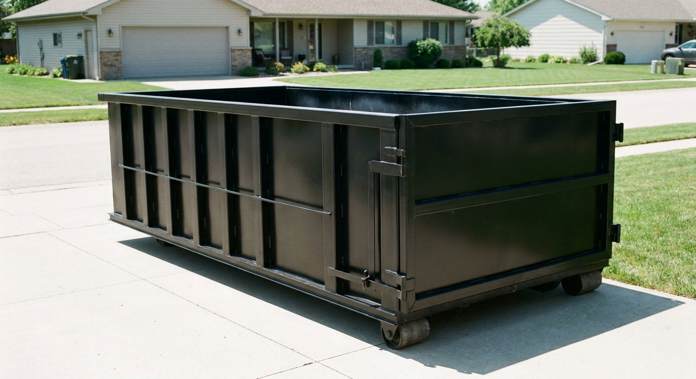 Matte-black 10-yard roll-off dumpster on a residential concrete driveway in Goose Creek, uniformly painted matte black across every panel and rail, ribbed steel sidewalls and rear swing door visible, mid-day daylight.