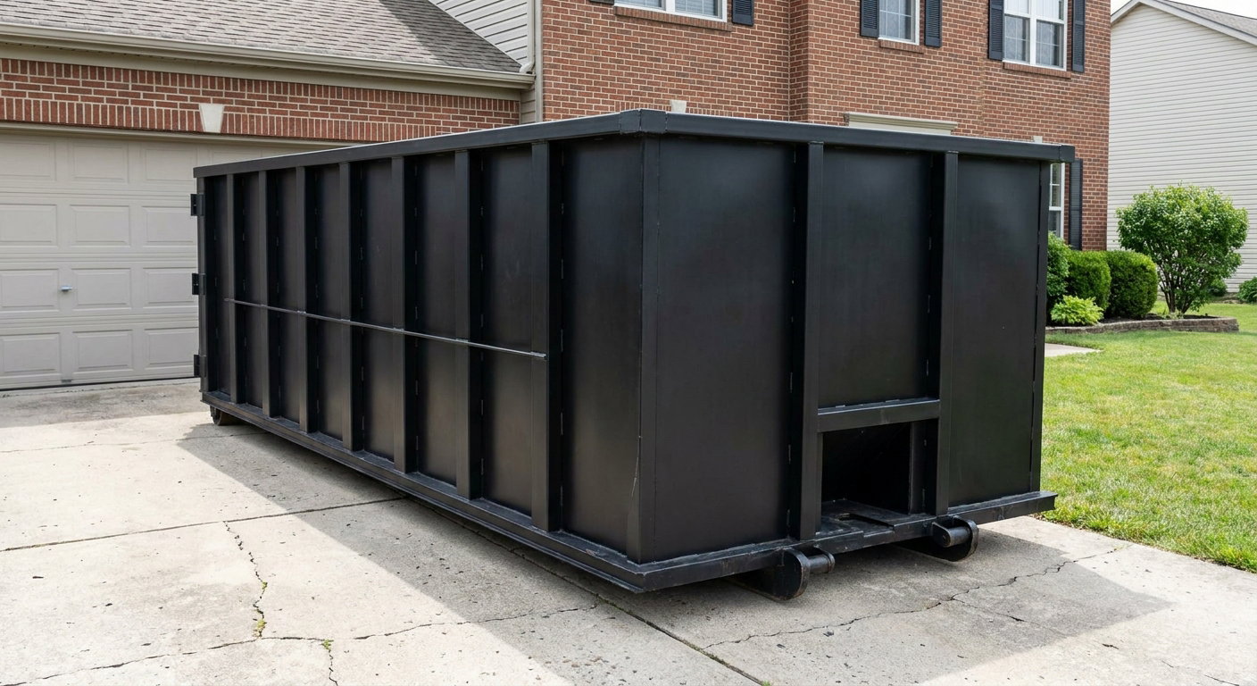 Matte-black 20-yard roll-off container on a Goose Creek residential concrete driveway with reinforced ribbed steel sidewalls and a hinged rear walk-in door, clean bright daylight.