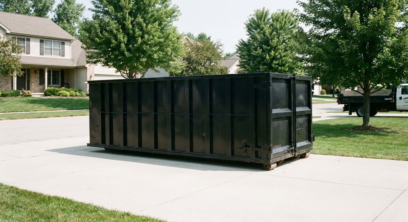Matte-black 20-yard roll-off dumpster sitting level on a clean Goose Creek residential concrete driveway under bright daylight, demonstrating clean placement directly on the concrete.