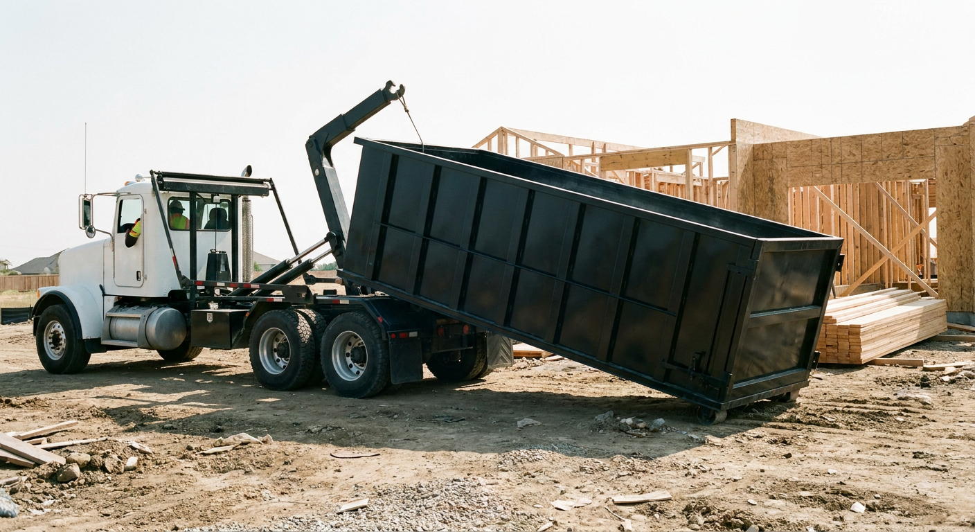 Matte-black roll-off dumpster being delivered onto a clean residential concrete driveway in Goose Creek by an unmarked white hooklift hauler truck, bright morning daylight, documentary 35mm perspective.