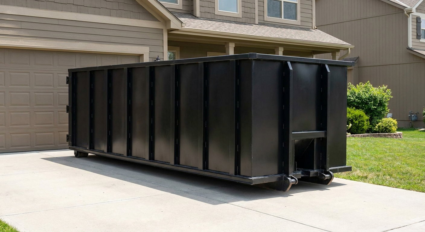 Matte-black residential roll-off dumpster sitting directly on a suburban Goose Creek concrete driveway, garage door closed, single-family home in background, bright morning daylight.