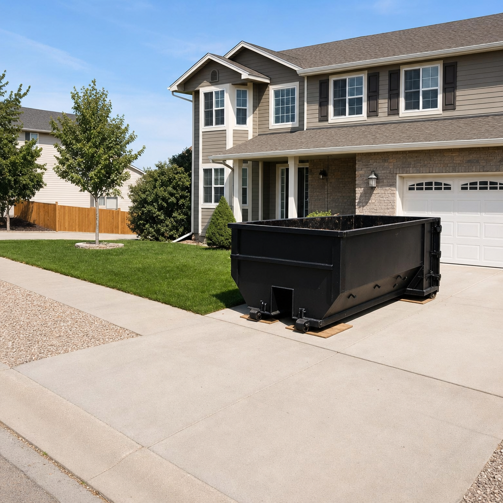 10-yard matte-black residential dumpster placed directly on a narrow Goose Creek concrete driveway, room remains for a parked sedan beside it, mid-morning natural light