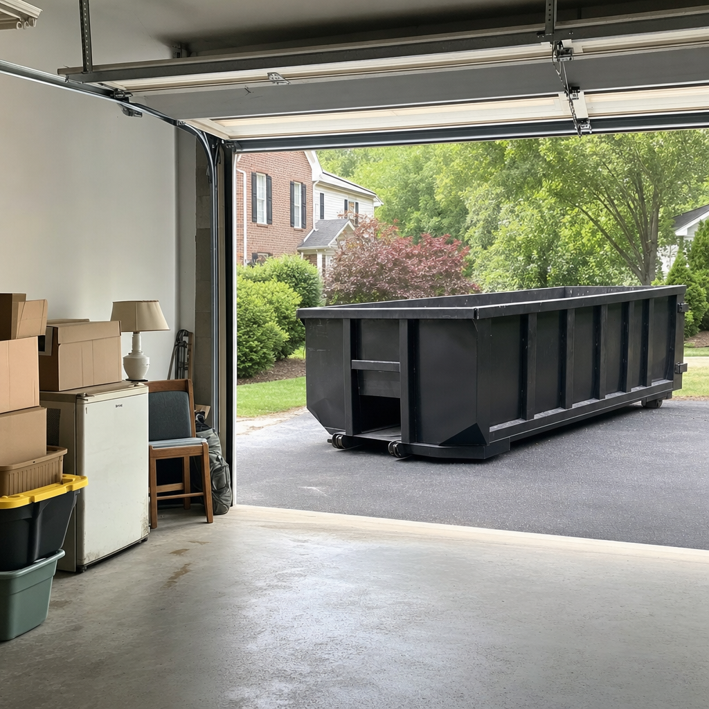 Open garage interior in a Goose Creek home mid-cleanout — boxed items, an old appliance, and stacked yard tools queued near the driveway for a matte-black roll-off dumpster, organized and calm