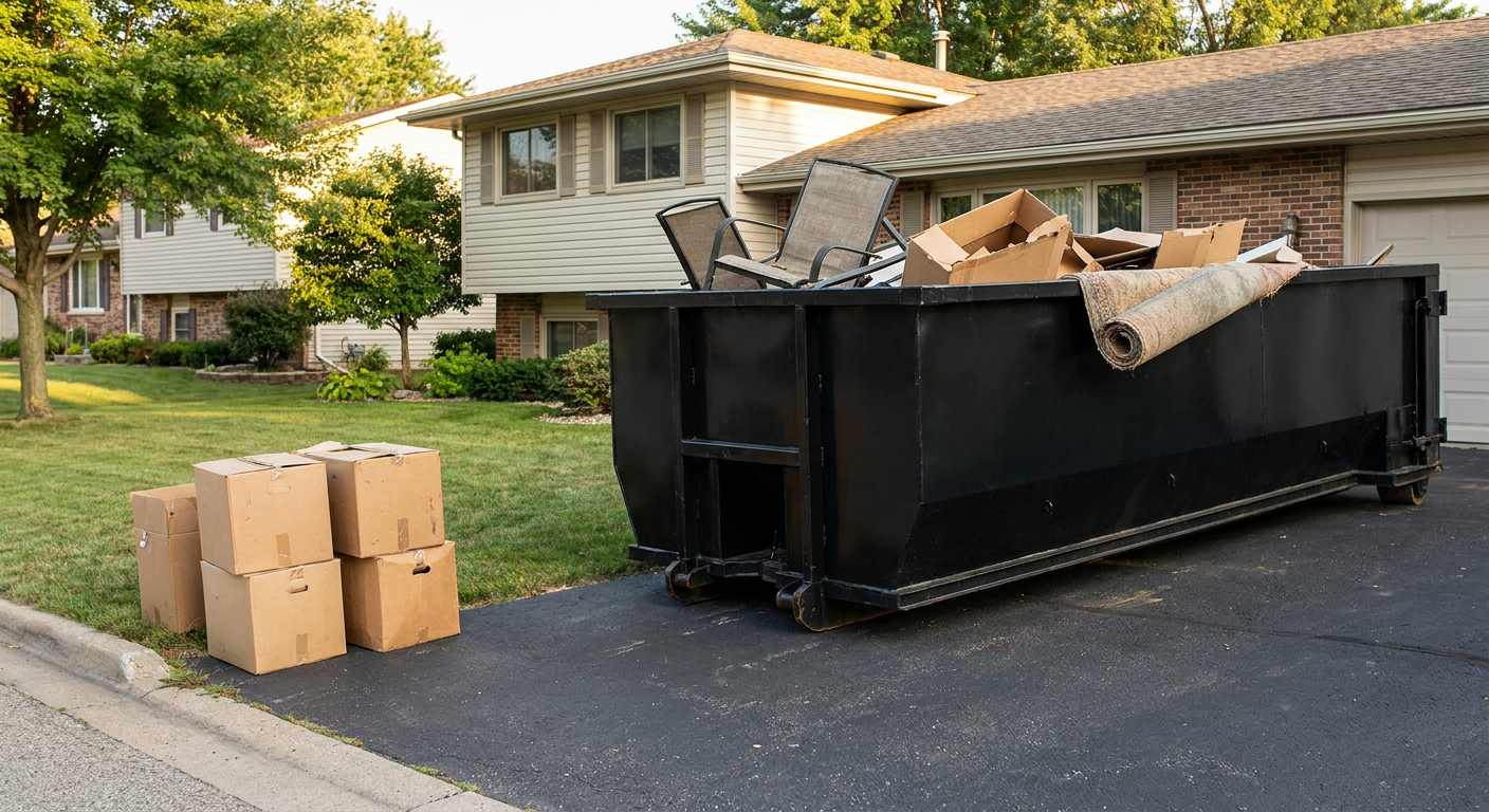 Front-yard view of a Goose Creek split-level home with a 20-yard matte-black roll-off dumpster sitting directly on the asphalt driveway, a few clearly labeled donation boxes staged at the curb, calm sunny afternoon.