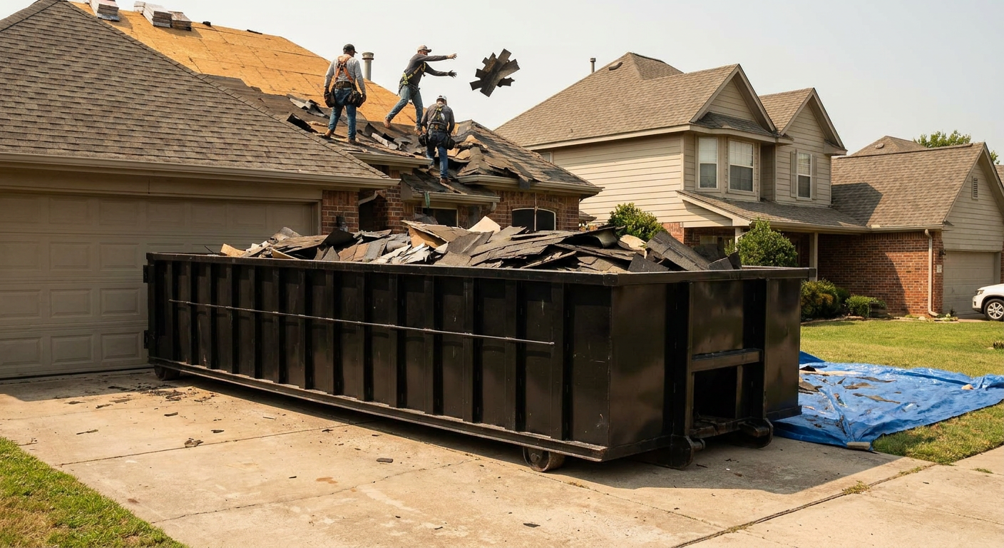 Matte-black roofing roll-off dumpster placed directly on a Goose Creek residential concrete driveway, a tear-off crew on a two-story asphalt-shingle roof tossing shingle bundles into the low-walled container, bright daylight, documentary 35mm perspective.