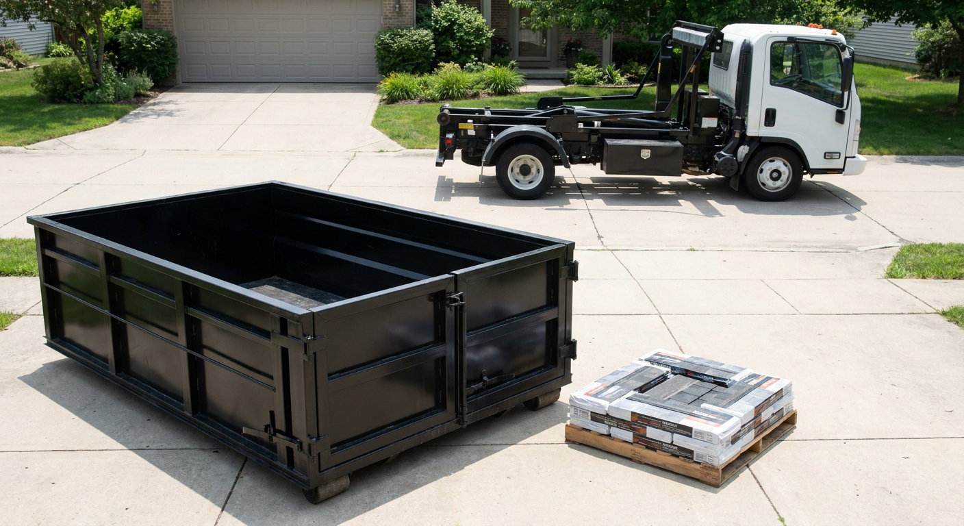 Matte-black 15-yard roofing roll-off dumpster with reinforced low side walls sitting directly on a Goose Creek residential concrete driveway, three-tab asphalt shingle bundles stacked nearby, an unmarked white hauler truck partially visible at the edge of the frame.