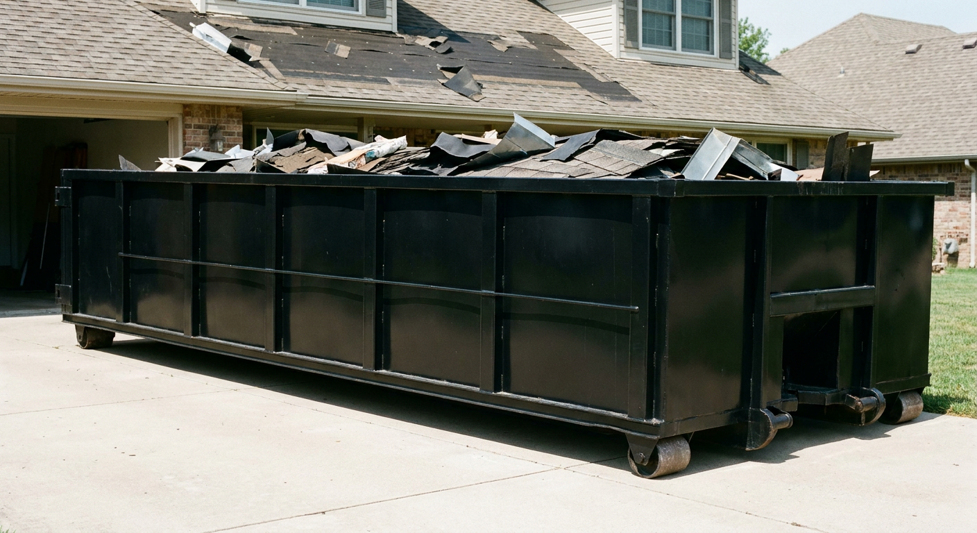 Matte-black 20-yard roofing roll-off dumpster with steel ribbed sides and swinging rear door, sitting directly on the concrete driveway of a two-story Goose Creek home, asphalt shingle debris being loaded over the low wall, clean documentary lighting.