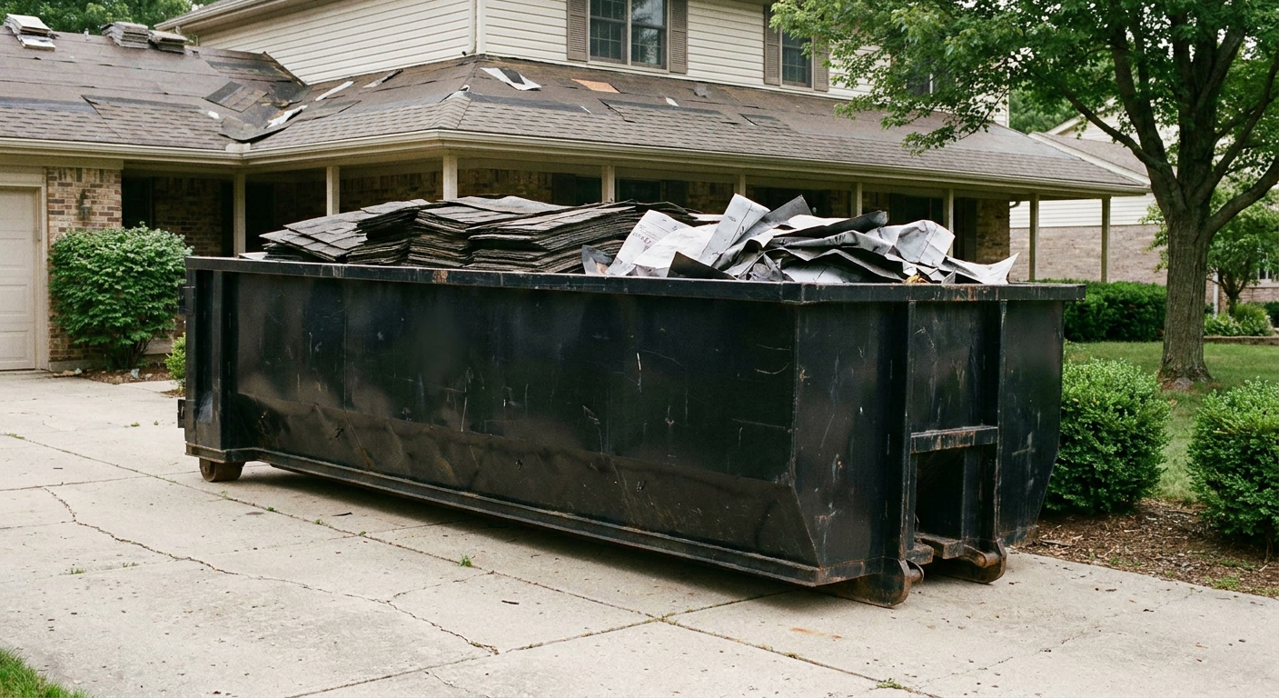 Matte-black 30-yard roofing roll-off dumpster sitting directly on a Goose Creek concrete driveway, taller ribbed steel side panels, mixed tear-off debris of asphalt shingles and underlayment inside, professional documentary daylight.