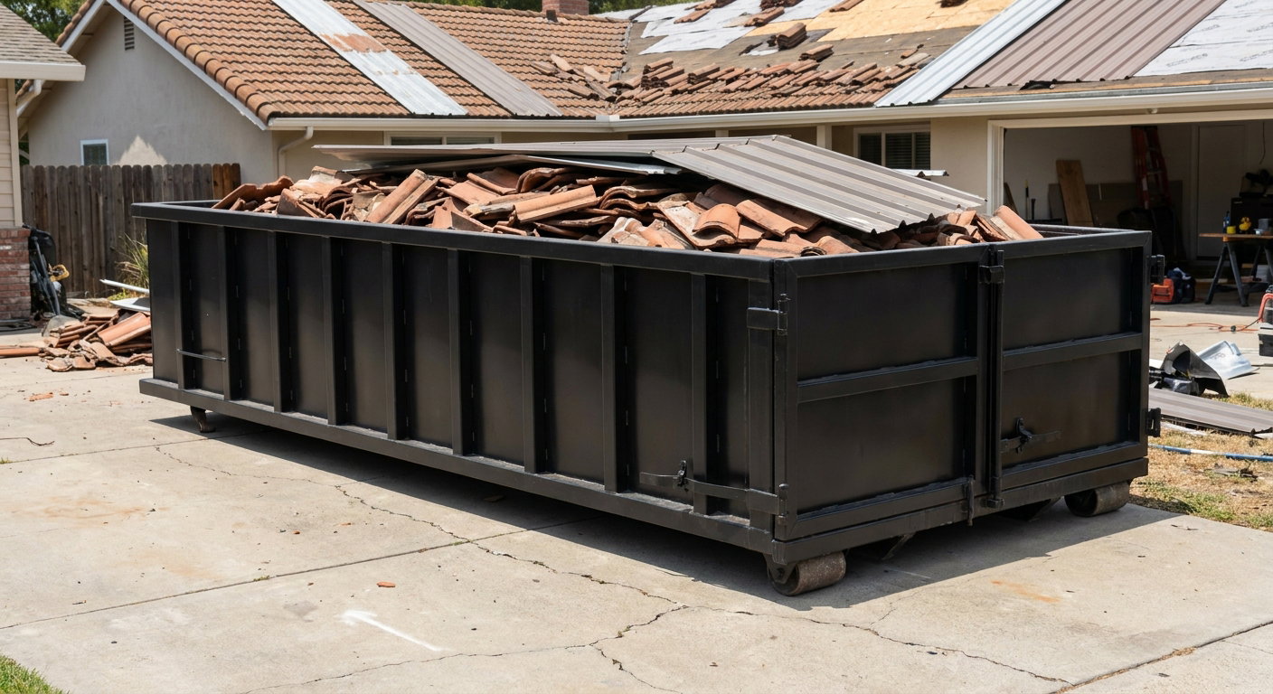 Matte-black low-wall heavy-debris roofing roll-off dumpster sitting directly on a Goose Creek concrete driveway, broken concrete clay roof tiles and metal panel sections loaded inside, reinforced ribbed steel side walls visible, bright outdoor daylight.