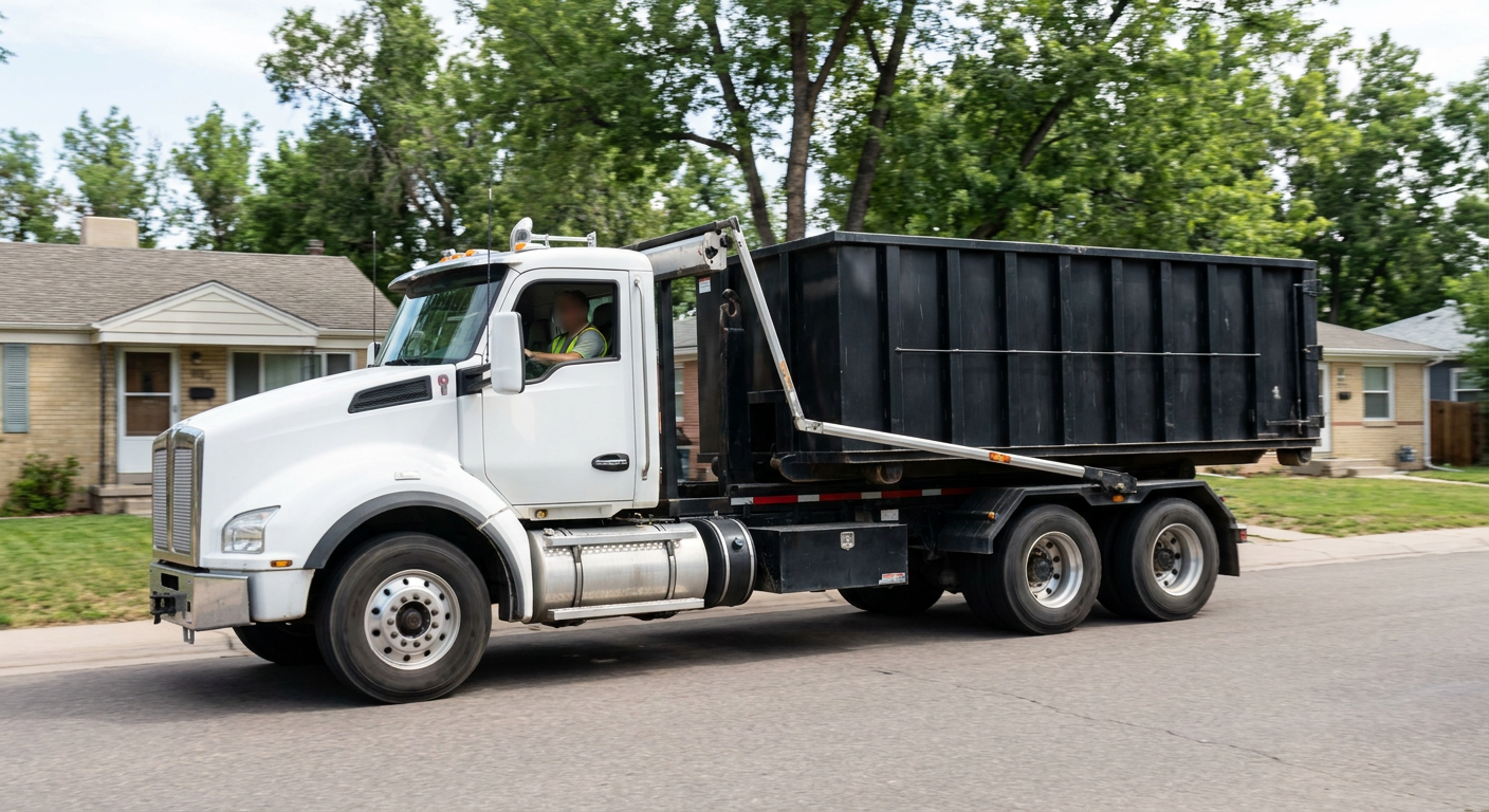 A wide documentary shot of a matte-black roll-off delivery truck pulling onto a quiet Goose Creek residential street at mid-morning, with neighborhood rooftops and tree-lined blocks visible behind, showing the metro coverage footprint.