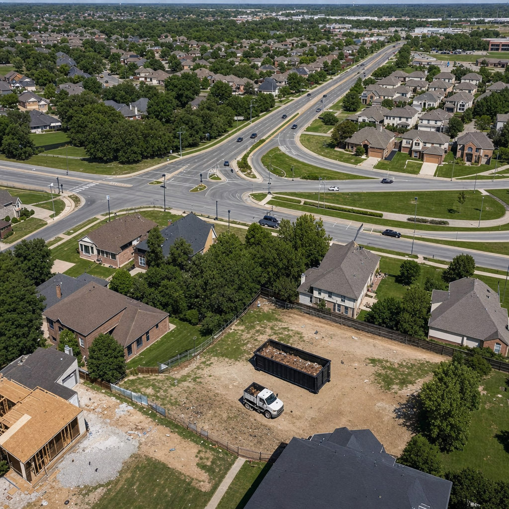 An overhead documentary view of the Goose Creek metro area at midday, showing the spread of neighborhoods, arterial roads, and the dispatch radius from a central yard — clean daylight, organized geographic layout.