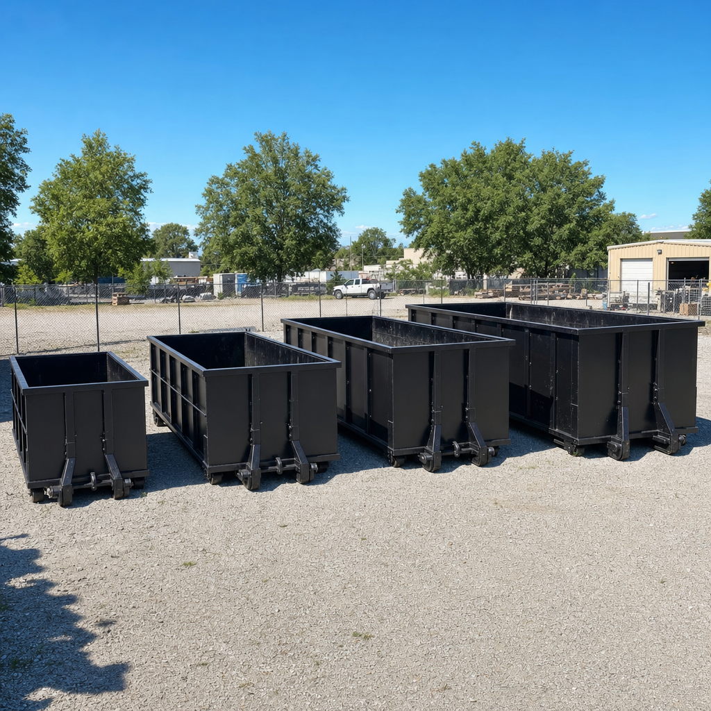 A clean lineup of matte-black roll-off dumpsters in 10, 20, 30, and 40-yard sizes staged on a sunlit gravel yard in Goose Creek, showing the size progression from compact to commercial-scale containers.