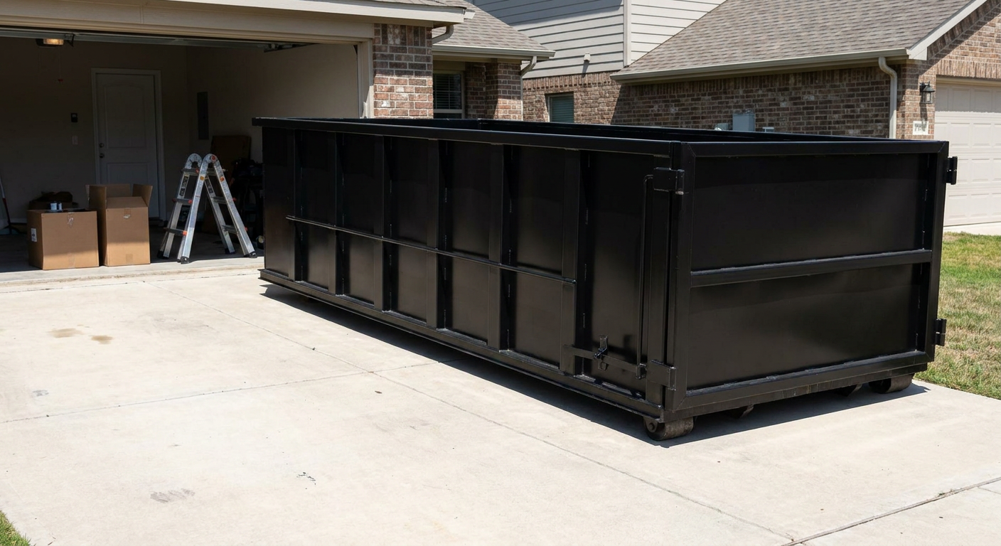 A matte-black 10-yard roll-off dumpster sitting directly on a residential Goose Creek concrete driveway, mid-day sunlight, clean and ready for a garage cleanout.