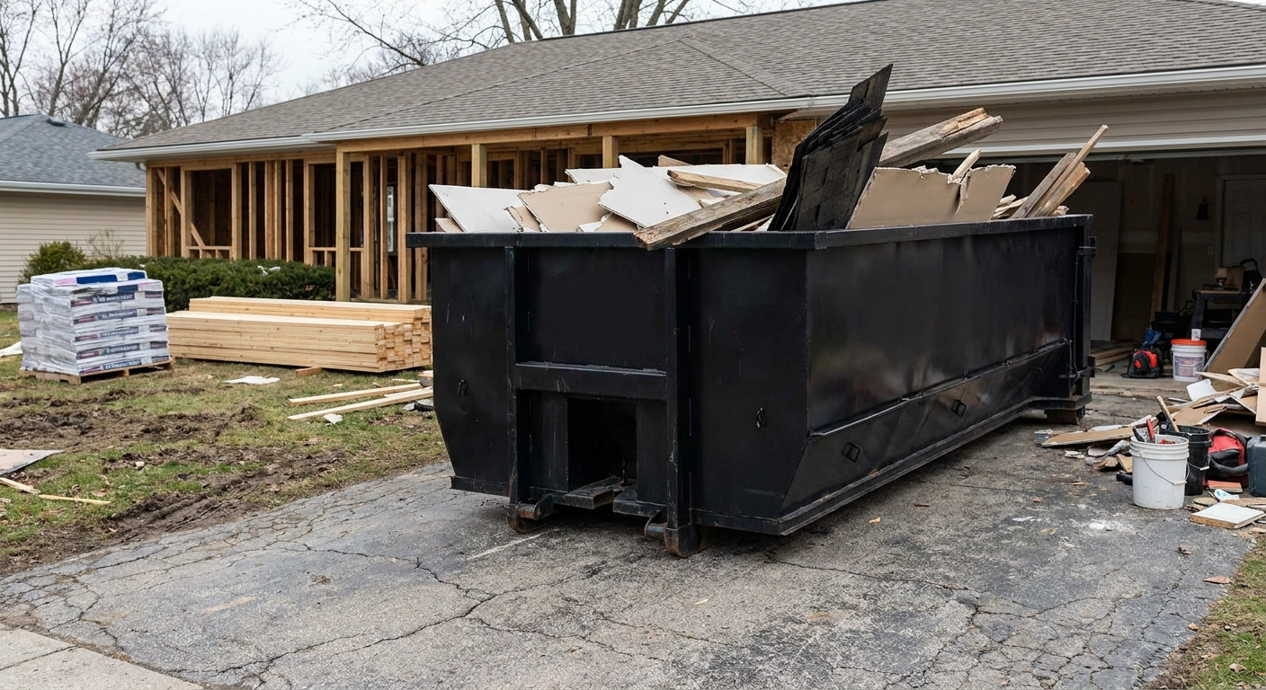 A matte-black 20-yard roll-off dumpster placed alongside a mid-renovation Goose Creek home directly on the asphalt driveway, with framing materials and torn-off shingles staged neatly nearby.