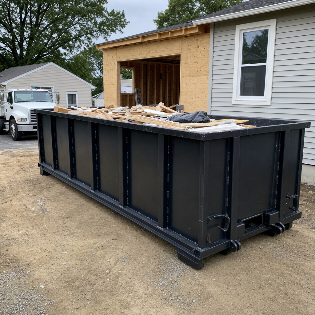A matte-black 30-yard roll-off dumpster positioned at a Goose Creek residential addition jobsite, with framing lumber and drywall scraps loaded through the open swinging rear doors.