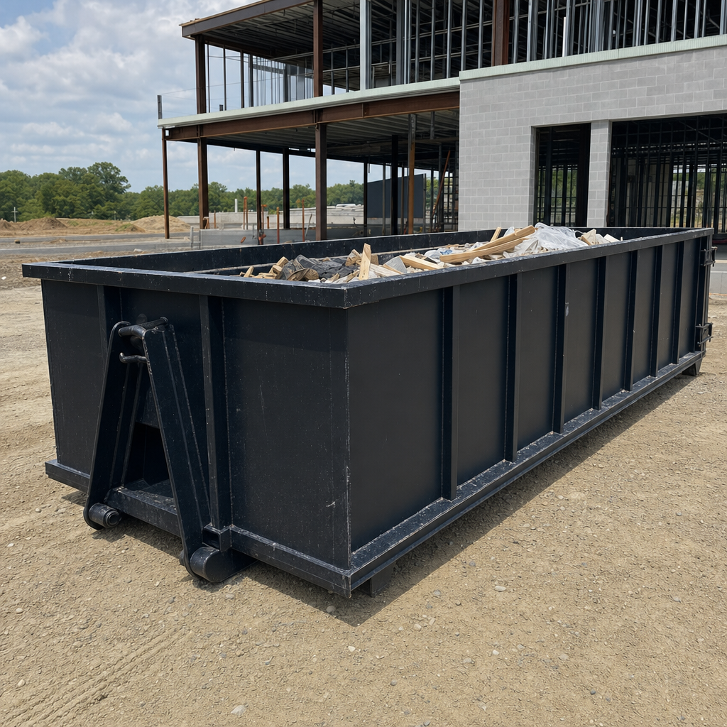 A matte-black 40-yard roll-off dumpster staged on a large Goose Creek commercial construction lot, with a hooklift delivery truck parked alongside under bright midday sky.