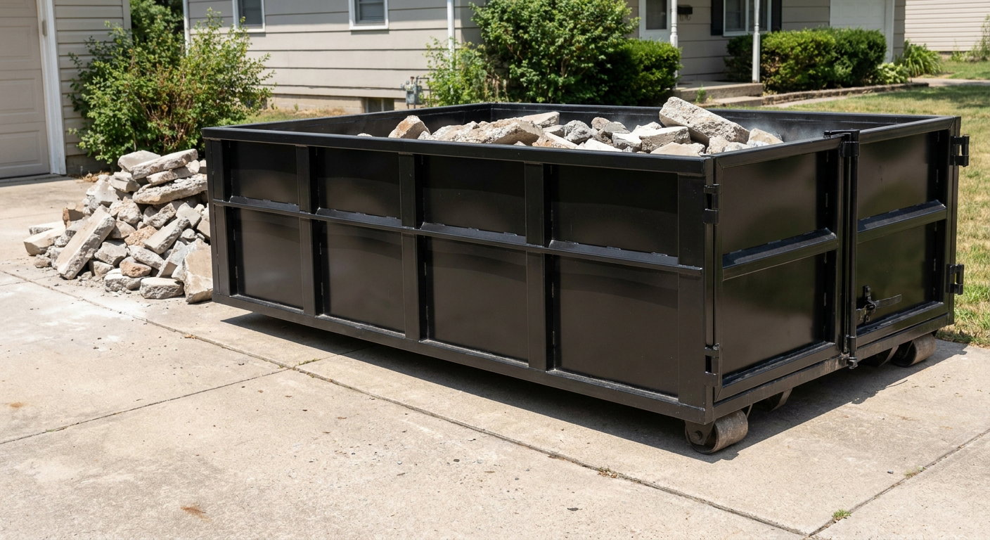 A matte-black low-side heavy-debris roll-off dumpster placed directly on a Goose Creek concrete driveway, with broken concrete chunks neatly stacked beside it under clean daylight.